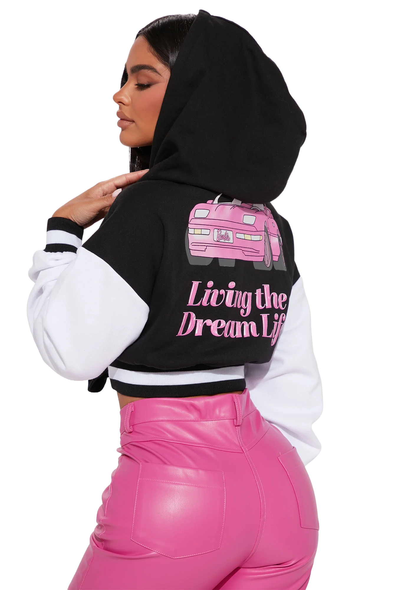 WOMENS LICENSED BARBIE CROPPED HOODIE BLACK/ WHITE - 7BRB00520