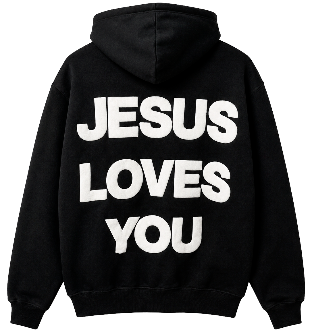 JESUS SAVES CROSS HOODIE BLACK VSTITCH - JESUS LOVES YOU