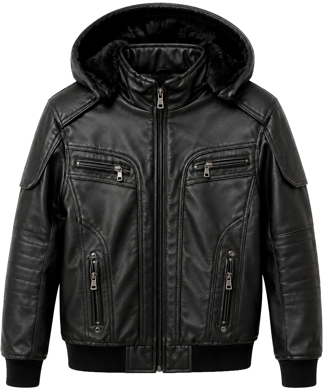 XUEHANHU LEATHER HOODED JACKET BLACK - AZ08