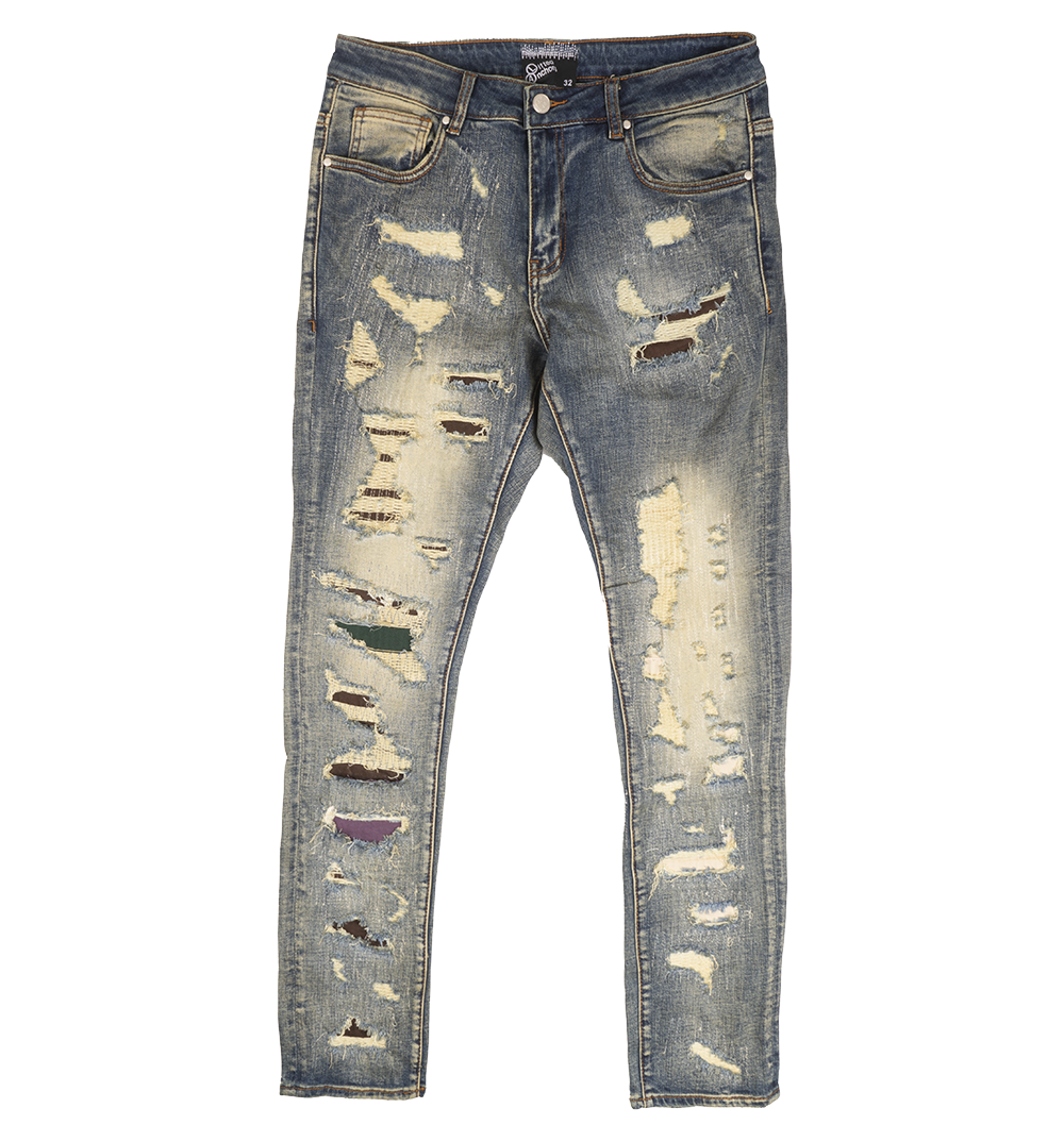 One legged distressed denim sold underlay