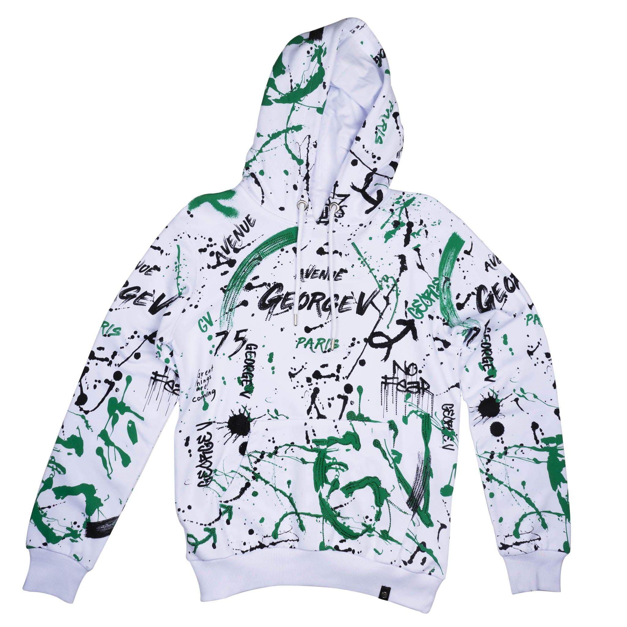 GEORGE V PAINT SPLATTERED BEDAZZLED HOODIE WHITE/GREEN - GV-2419