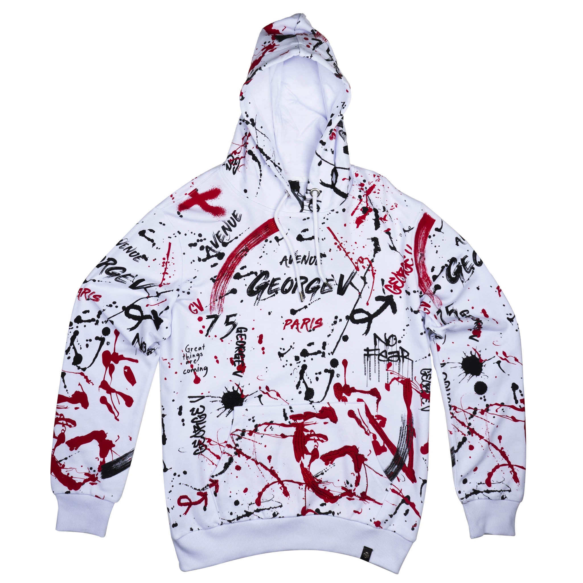 GEORGE V PAINT SPLATTERED BEDAZZLED HOODIE WHITE/RED - GV-2419