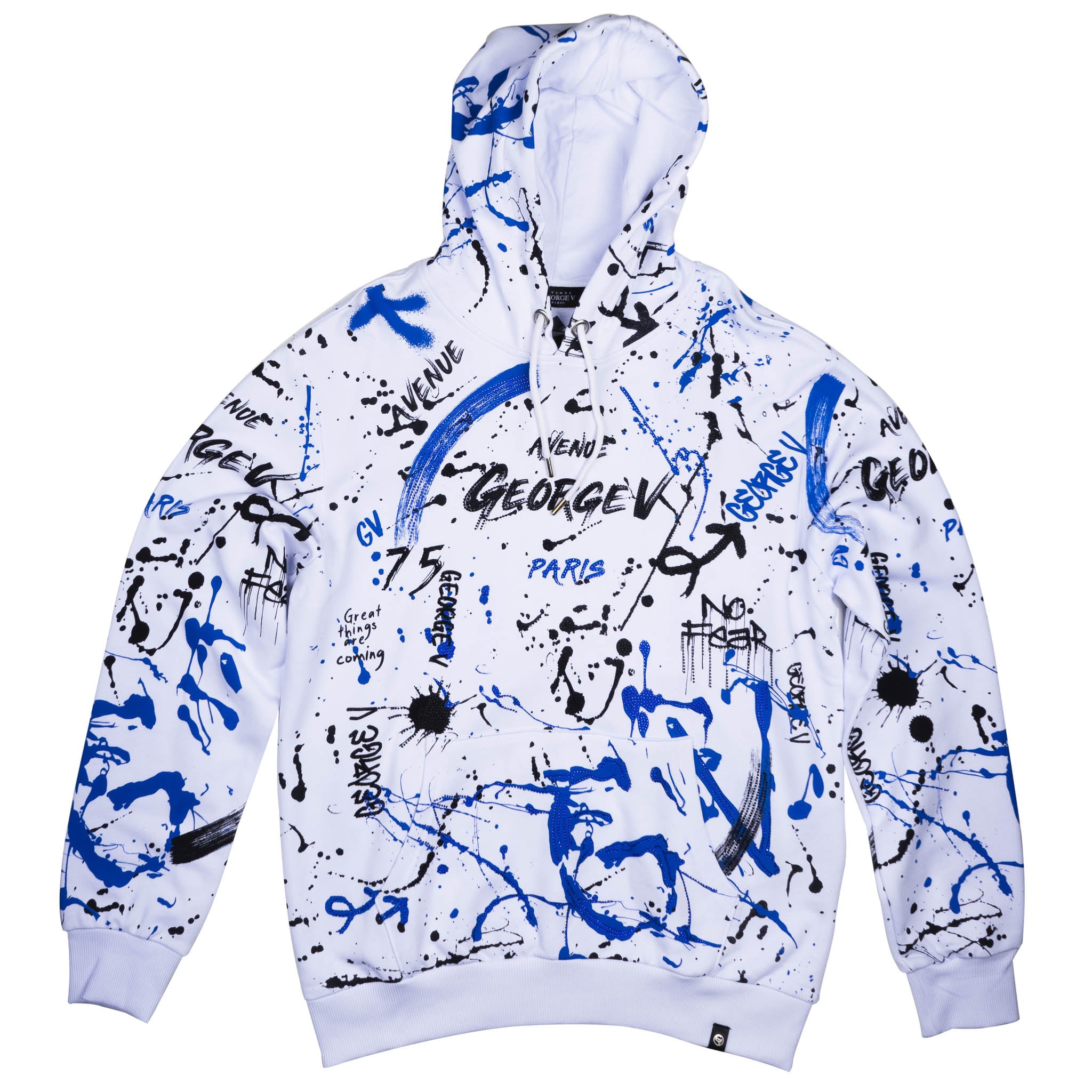 GEORGE V PAINT SPLATTERED BEDAZZLED HOODIE WHITE/BLUE[SAX] - GV-2419
