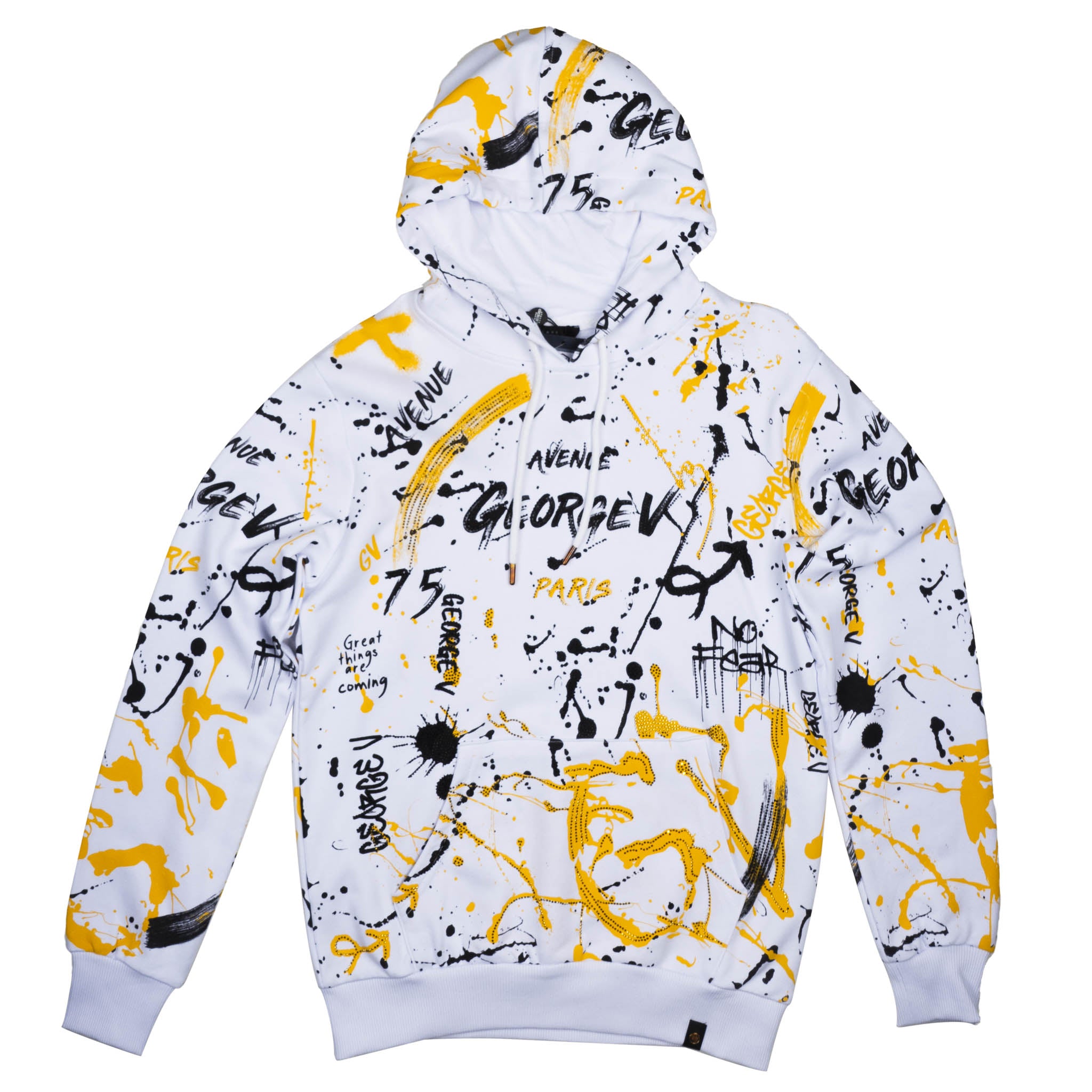 GEORGE V PAINT SPLATTERED BEDAZZLED HOODIE WHITE/GOLD - GV-2419