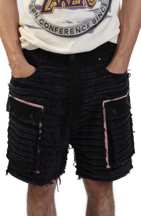 LIFTED ANCHOR SHREDDED DENIM CARGO SHORTS BLACK - LASM24-23