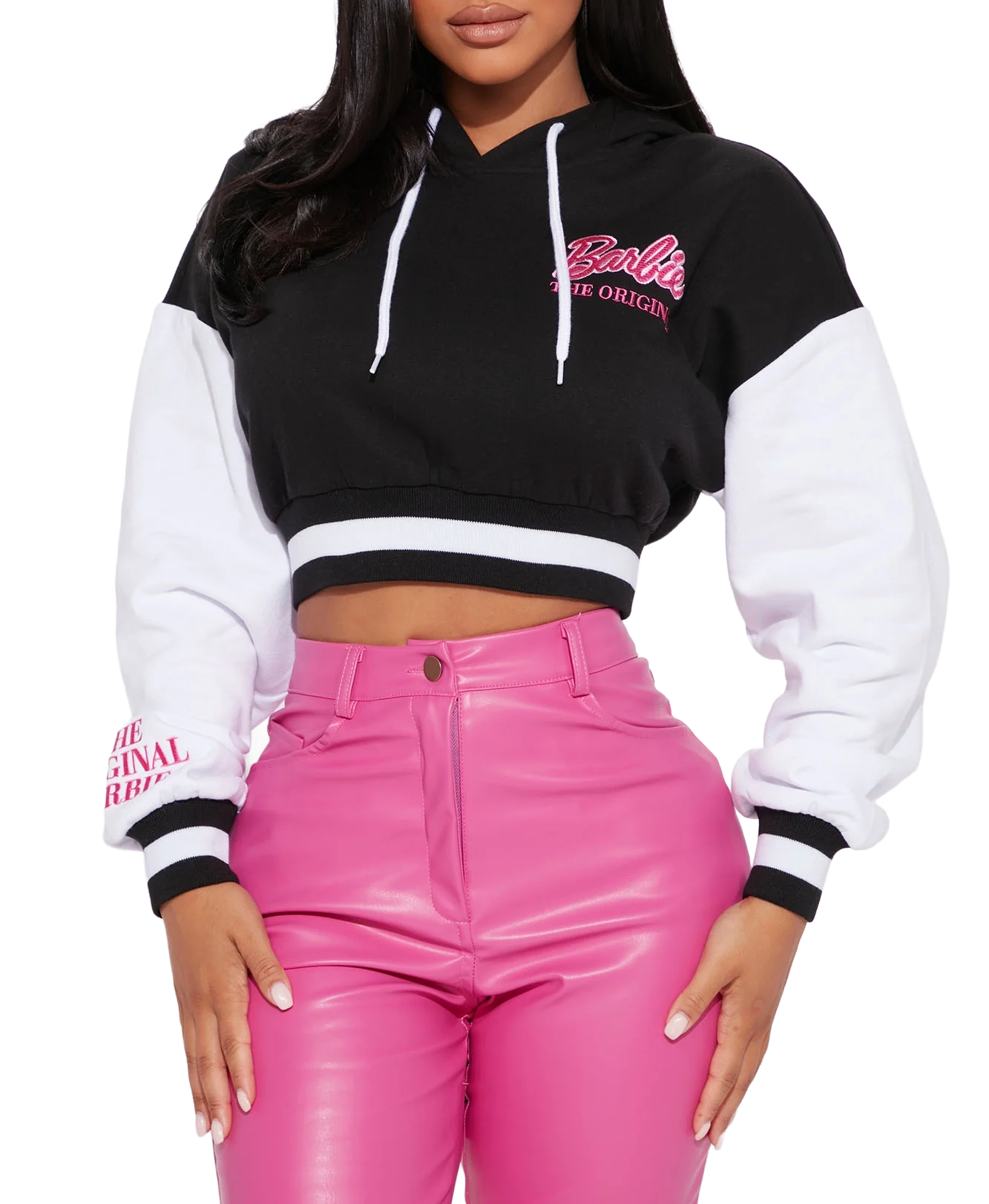 WOMENS LICENSED BARBIE CROPPED HOODIE BLACK/ WHITE - 7BRB00520