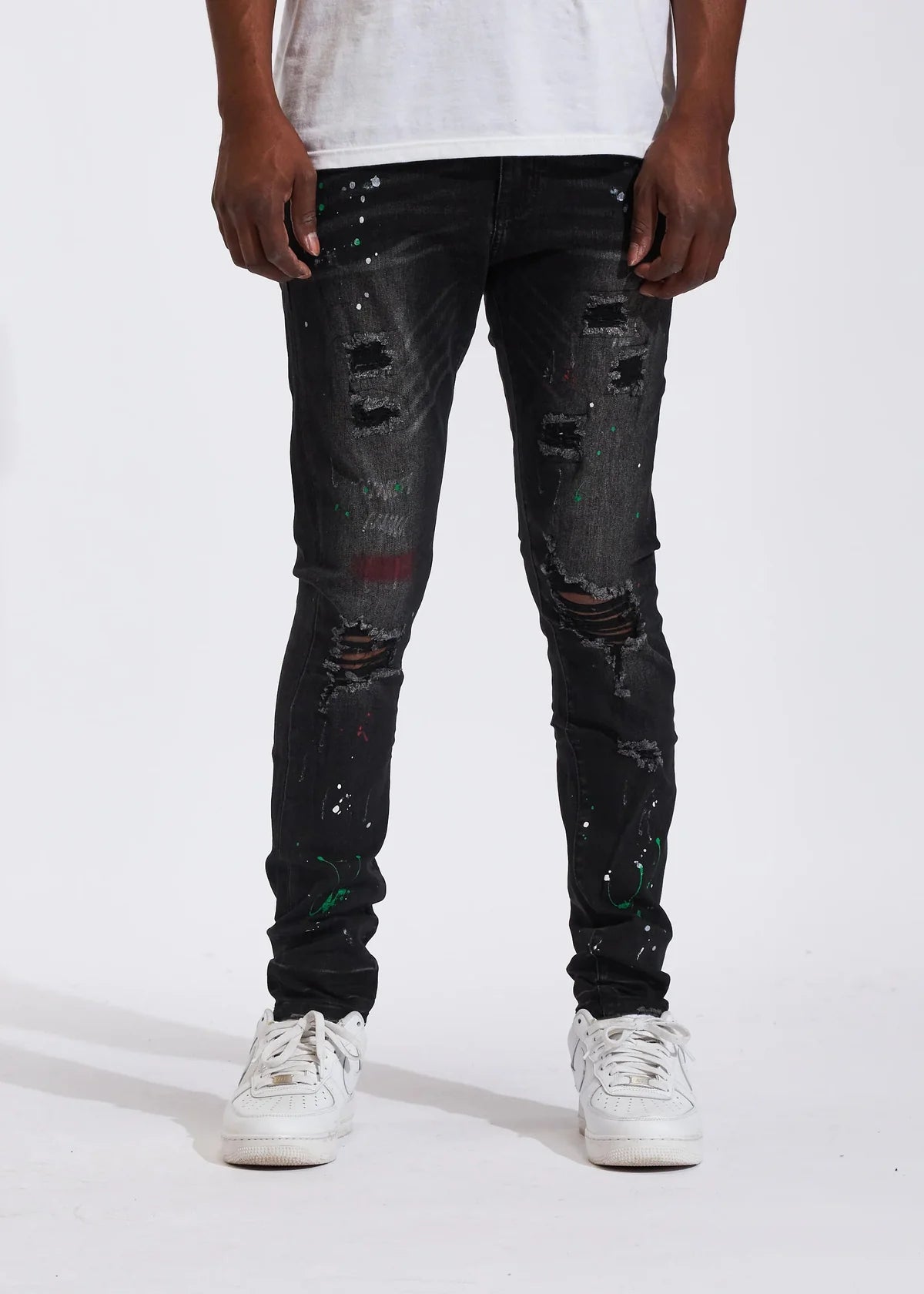 CRYSP DENIM DISTRESSED PAINT SPLATTERED JEANS BLACK - CRYSPSP221-115