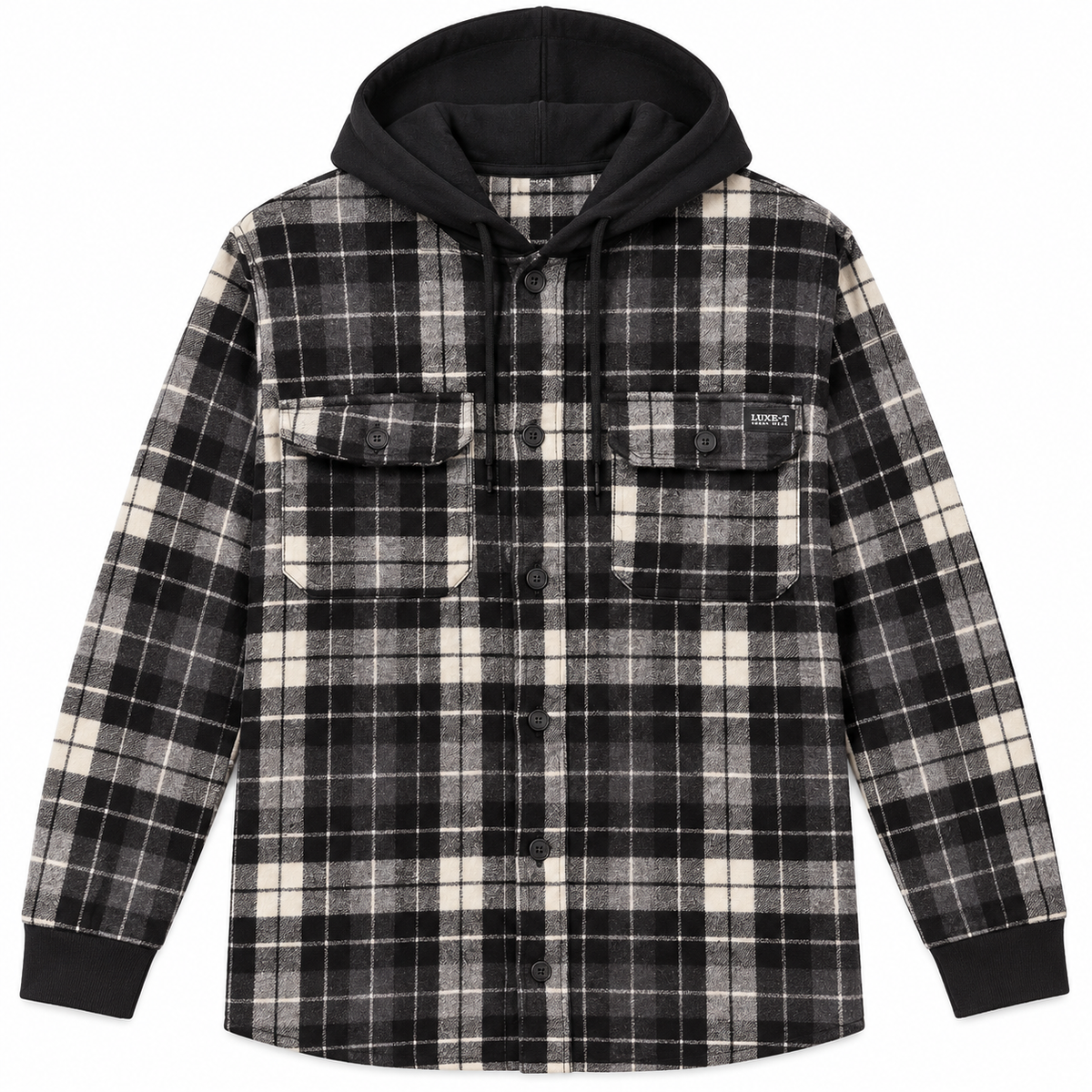 LUXE PLAID FLANNEL HOODIE JACKET BLACK - BT-112