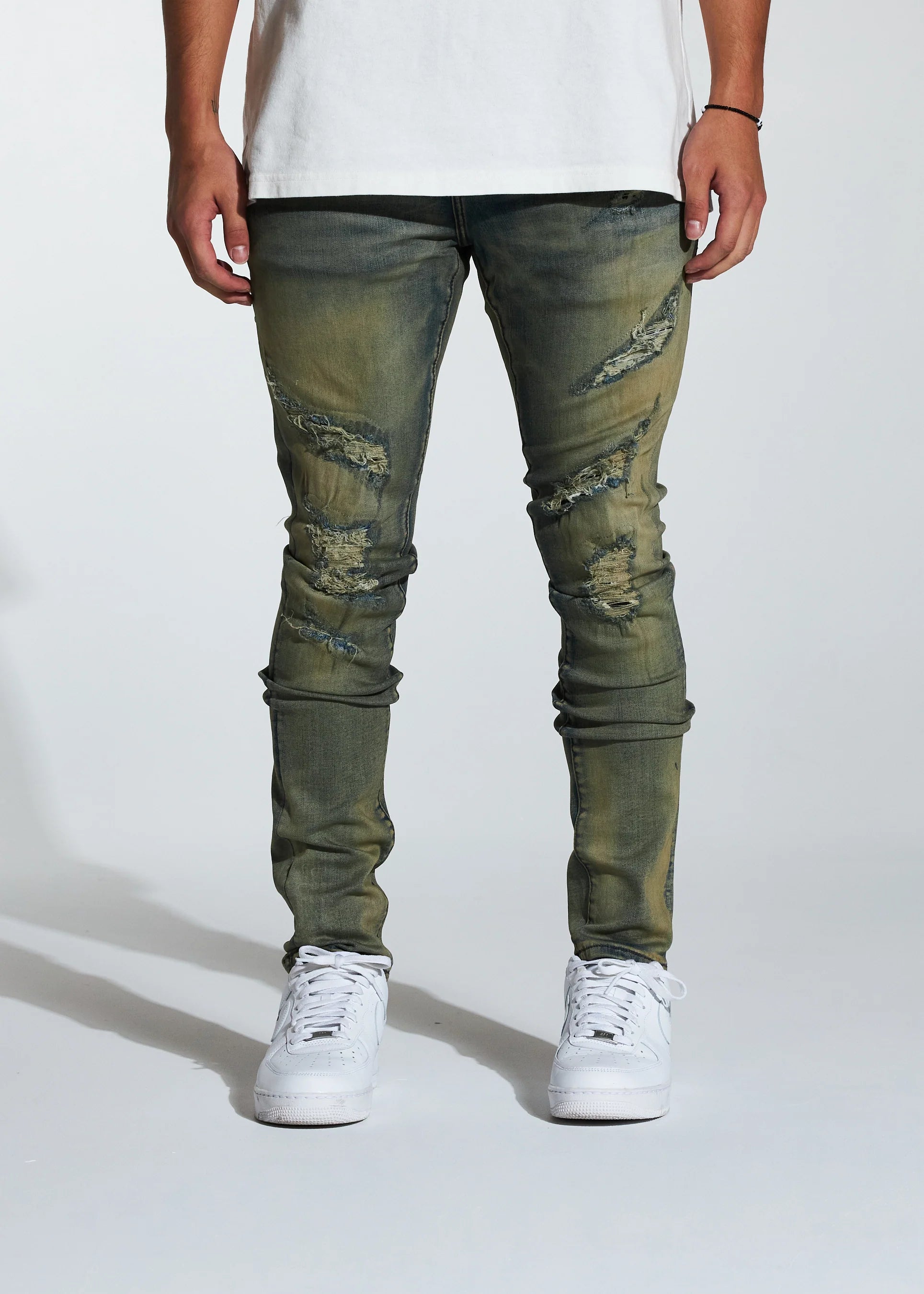 CRYSP DENIM DISTRESSED JEANS WITH PATCHES SAND - CRYSPF123-19