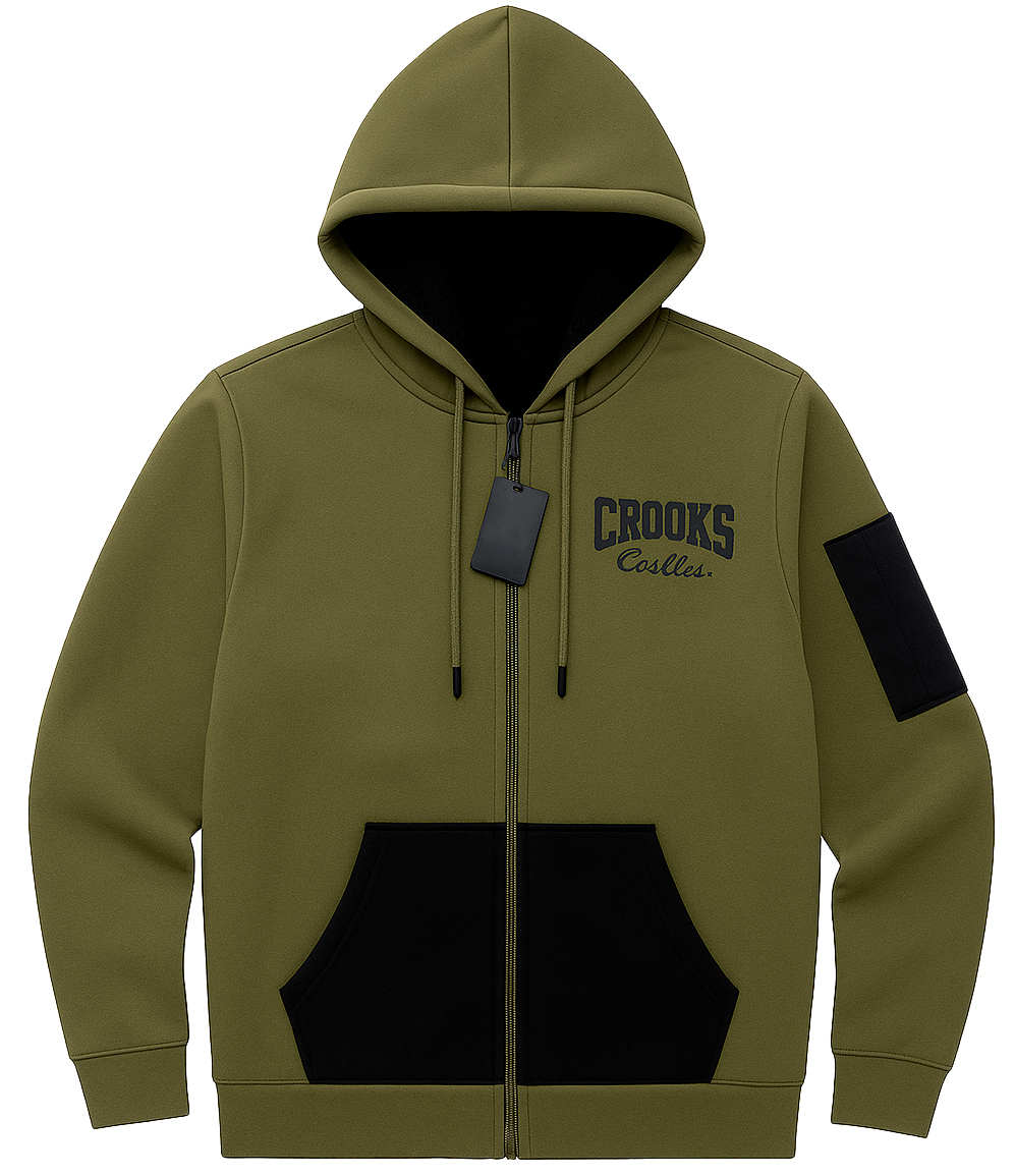 CROOKS & CASTLES SHERPA ZIP JACKET HOODIE OLIVE - 3P50105