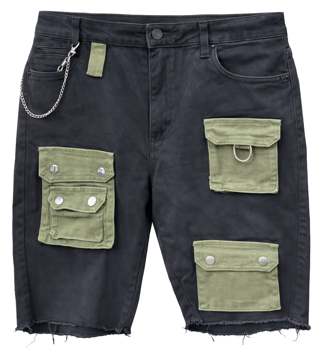 EMBELLISH DENIM CARGO SHORTS BLACK/OLIVE - EMBSUM121-122