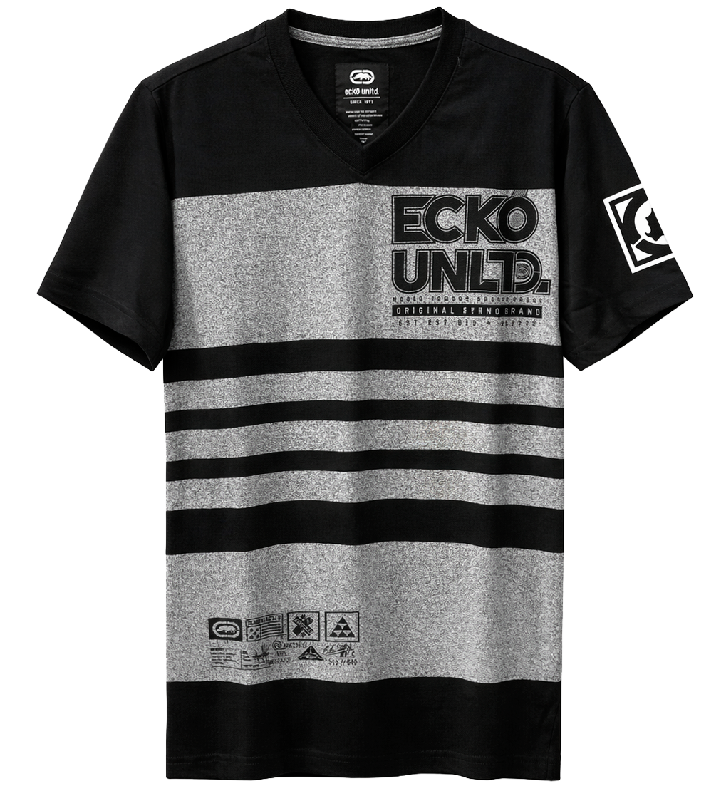 ECKO UNLTD S/S V-NECK T-SHIRT BLACK/GREY MARLED - EO13K1347