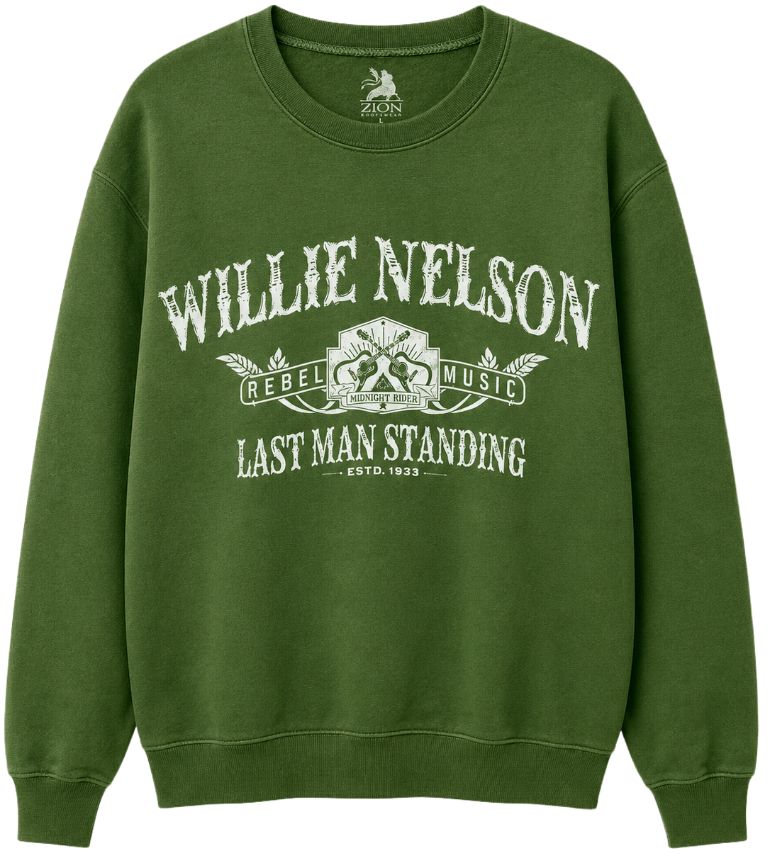LICENSED WILLIE NELSON CREWNECK OLIVE - ZRWN2014