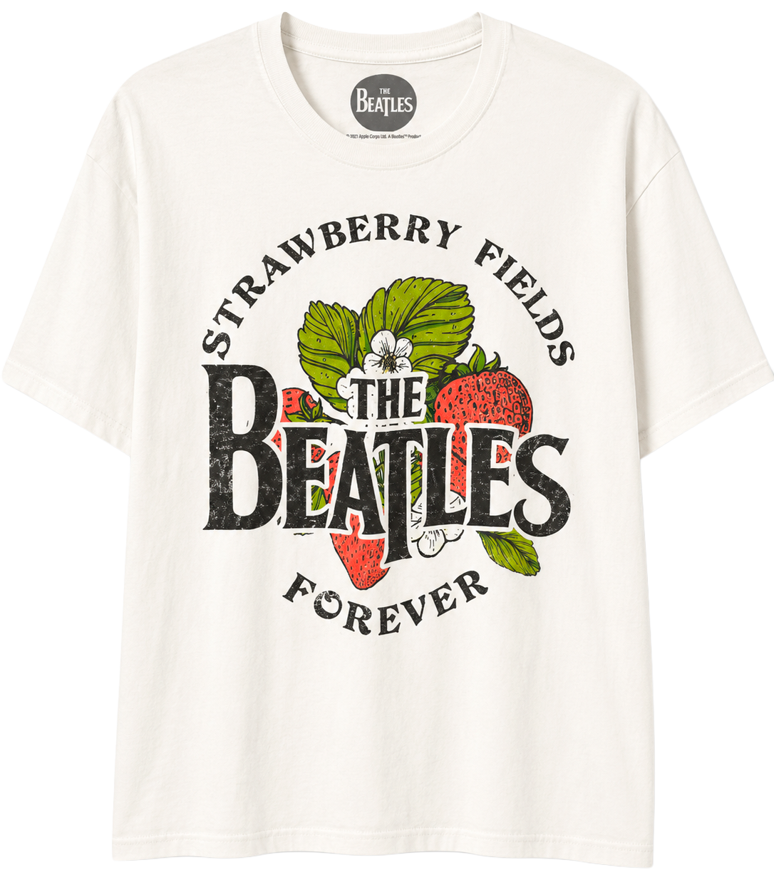 LICENSED THE BEATLES T-SHIRT (IR) WHITE - STRAWBERRY FIELDS