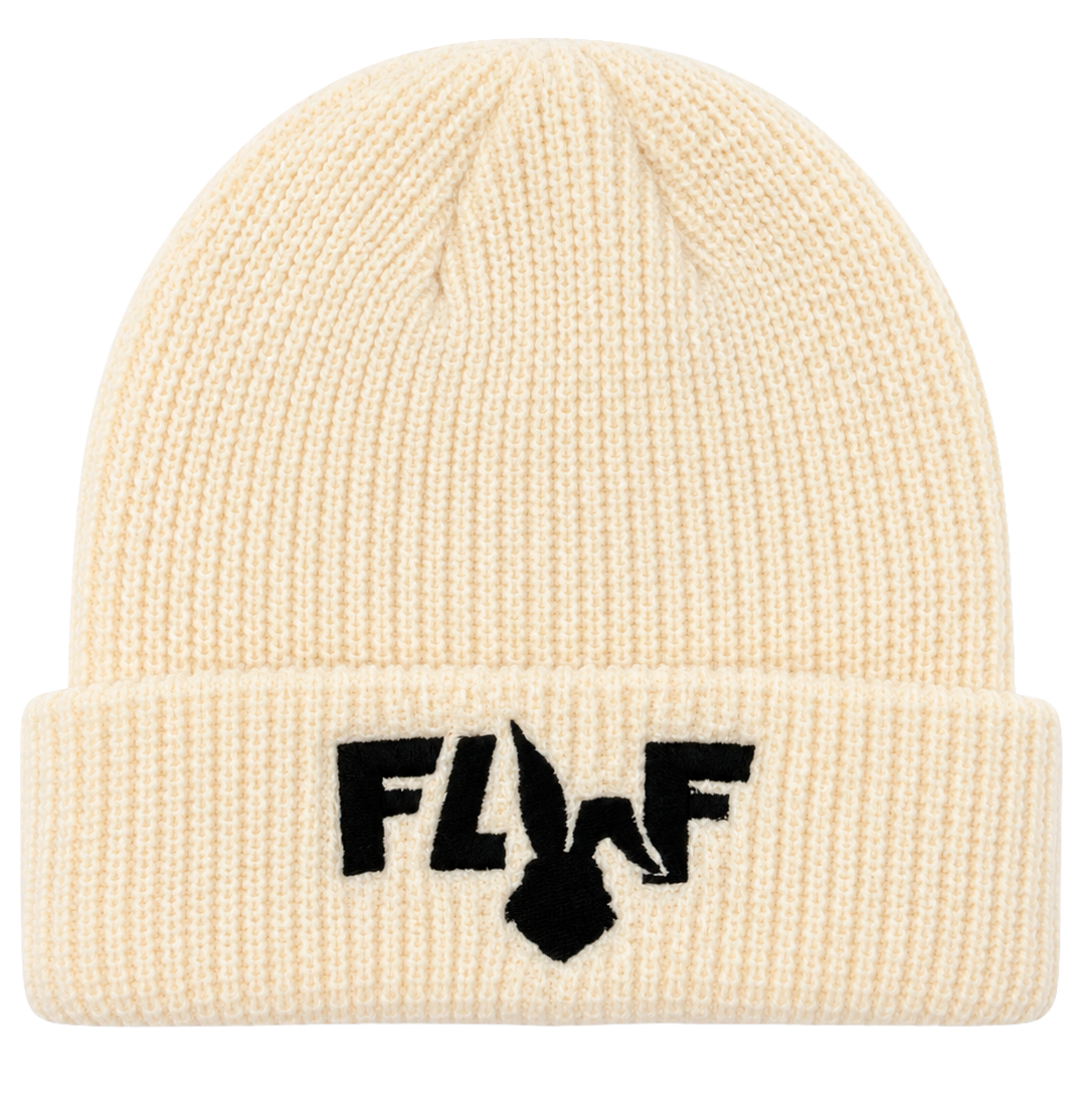 FLUF WORLD KNITTED CUFF BEANIE CREAM - FLUF LOGO