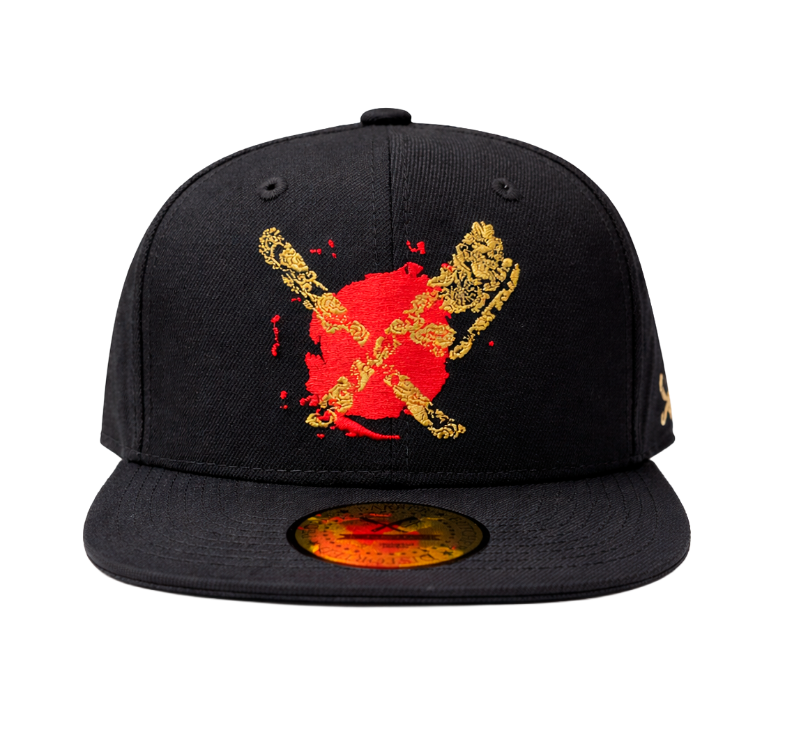 DISTORTED PEOPLE DRAGON BLADES SNAPBACK HAT BLK/GOLD/RED - 2543