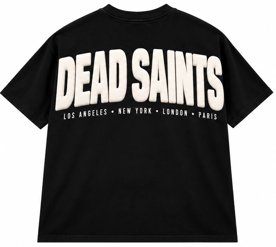 PREMIUM PUFF PRINT GRAPHIC T-SHIRT BLACK WASH - DEAD SAINT LOGO