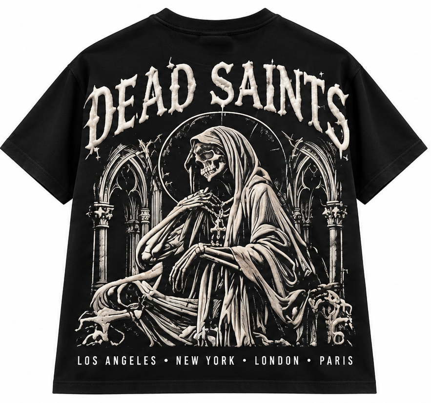 PREMIUM PUFF PRINT GRAPHIC T-SHIRT BLACK WASH - DEAD SAINT REAPER
