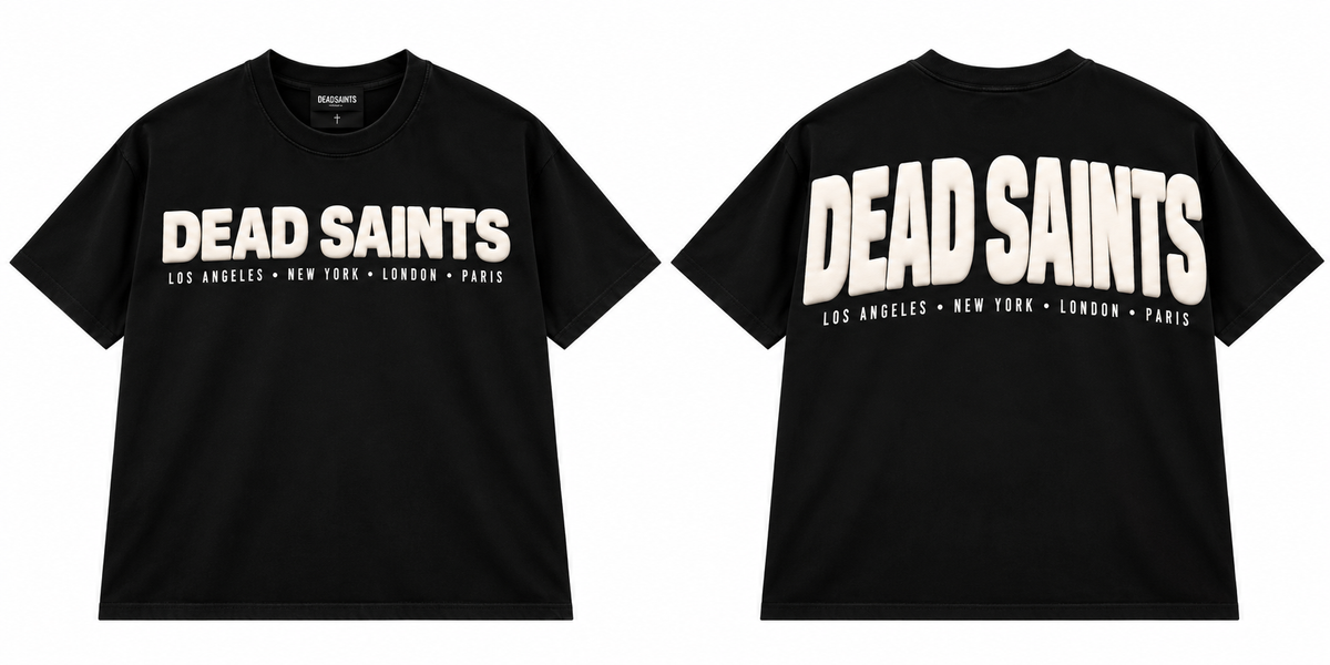 PREMIUM PUFF PRINT GRAPHIC T-SHIRT BLACK WASH - DEAD SAINT LOGO