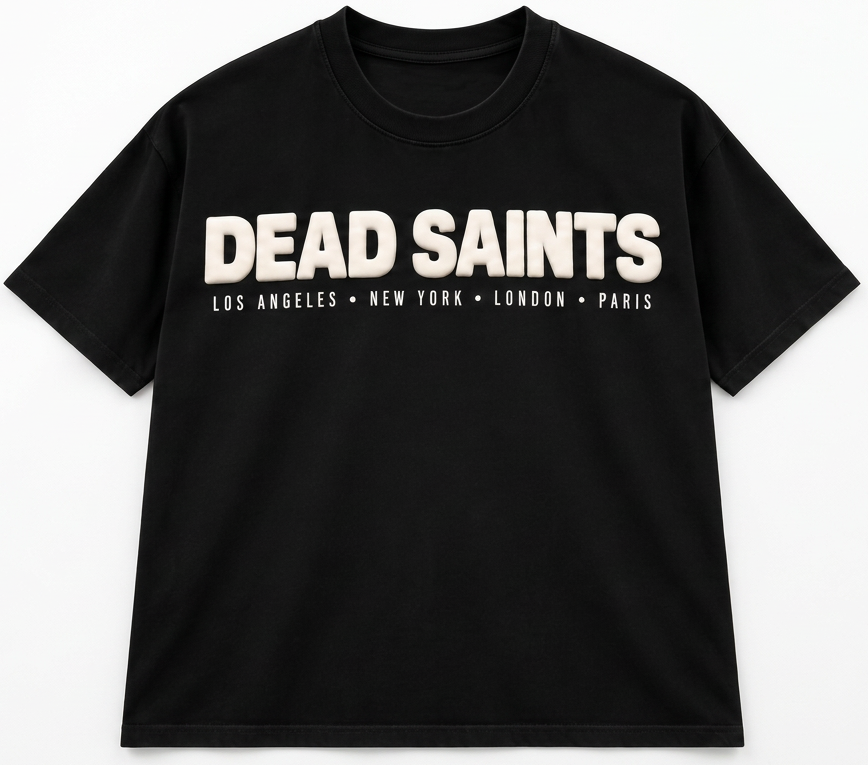 PREMIUM PUFF PRINT GRAPHIC T-SHIRT BLACK WASH - DEAD SAINT LOGO