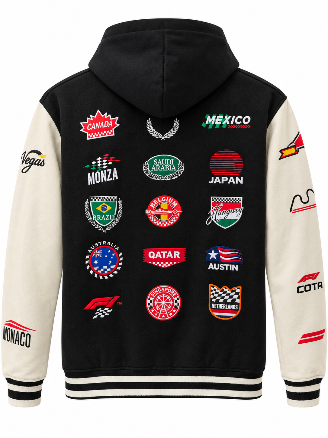 FORMULA 1 HOODED VARSITY JACKET BLACK/CREAM - F175