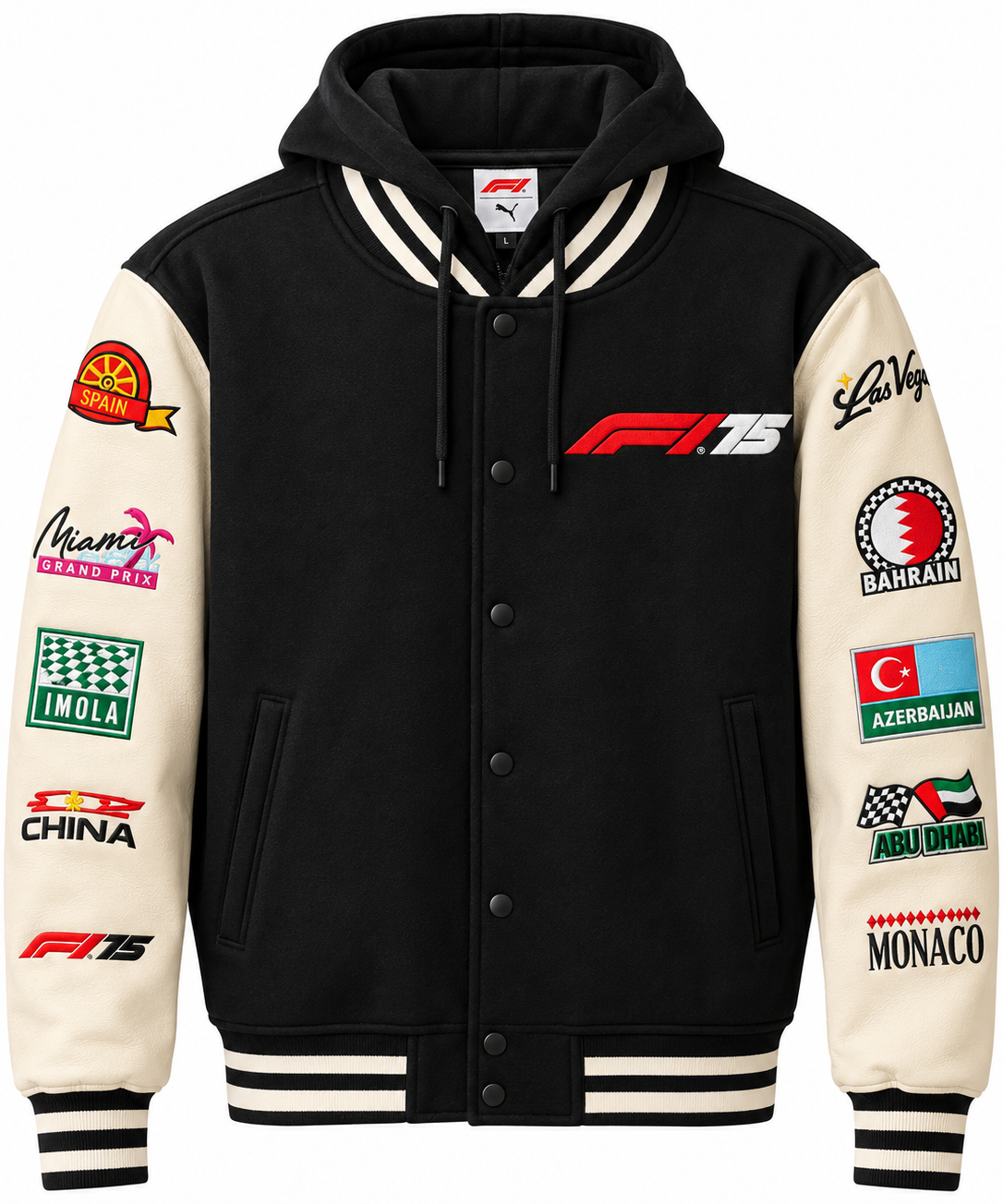 FORMULA 1 HOODED VARSITY JACKET BLACK/CREAM - F175