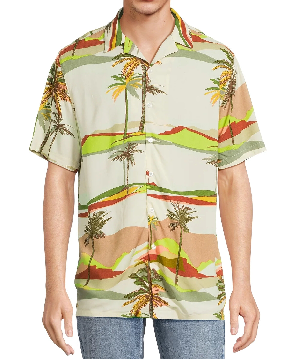 NO BOUNDARIES S/S BUTTON DOWN LT BIRCH PALM TREES - NB25100132468B