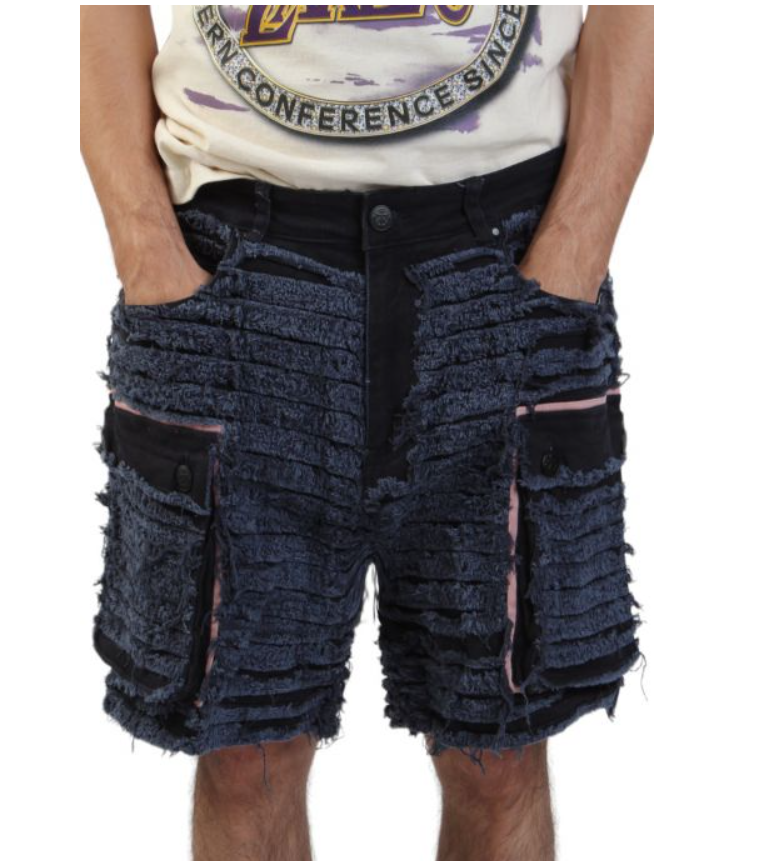 LIFTED ANCHOR SHREDDED DENIM CARGO SHORTS BLUE - LASM24-22