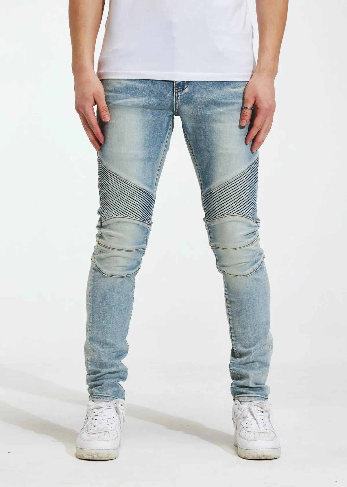 CRYSP DENIM MOTO JEANS WITH RIBBED KNEE BLUE WASH - CRYSPSP120-110