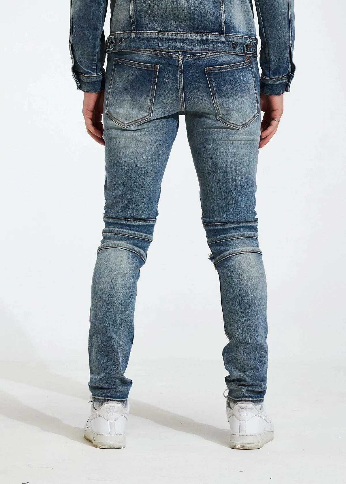 CRYSP DENIM DISTRESSED MOTO JEANS WITH RIBBED KNEE BLUE WASH - CRYSP122-13